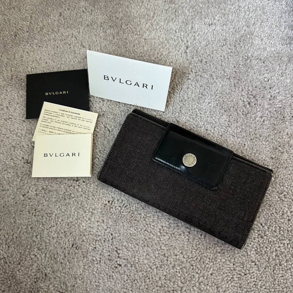 Bvlgari Bulgari logo authentic vintage long logomania in gray denim wallet - Picture 2 of 15